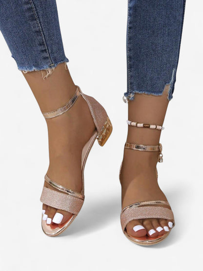 Elegant Glitter Ankle Strap Sandals | Women | Shimmer Synthetic | Low Block Heel Dress Shoes | Steven & Levon