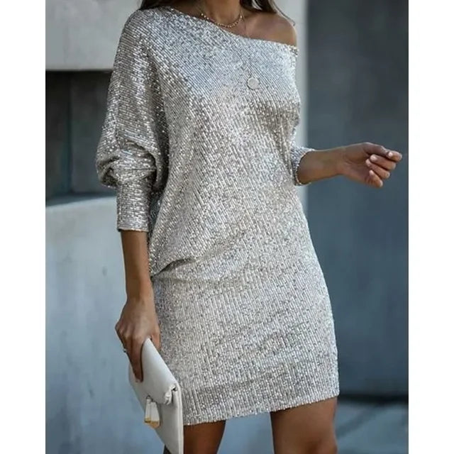 Sequin Mini Dress | Women | Long Sleeve Relaxed Fit | Sparkly Party Cocktail Dress | Steven & Levon