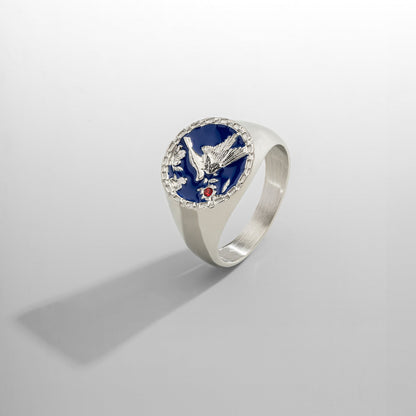 Swallow Signet Ring | Silver | Men | 316L Stainless Steel | Blue Enamel | Steven & Levon