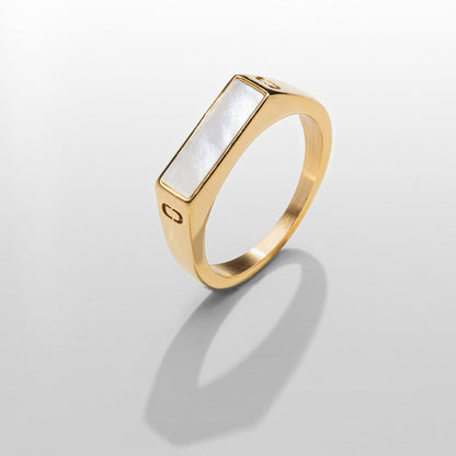 White Rectangle Signet Ring | Gold | Unisex | Stainless Steel | White Stone | Classic Style | Steven & Levon