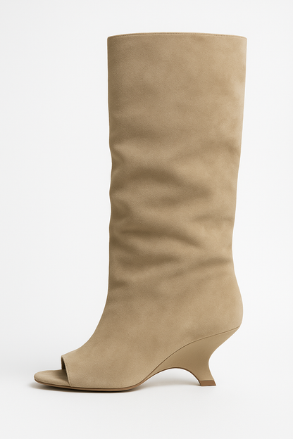 Knee High Peep Toe Wedge Heel Boots for Women | Sculpted Heel | Slouch Style | Steven & Levon