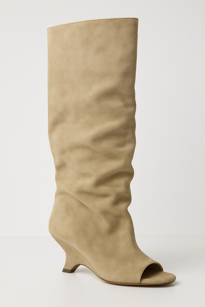 Knee High Peep Toe Wedge Heel Boots for Women | Sculpted Heel | Slouch Style | Steven & Levon