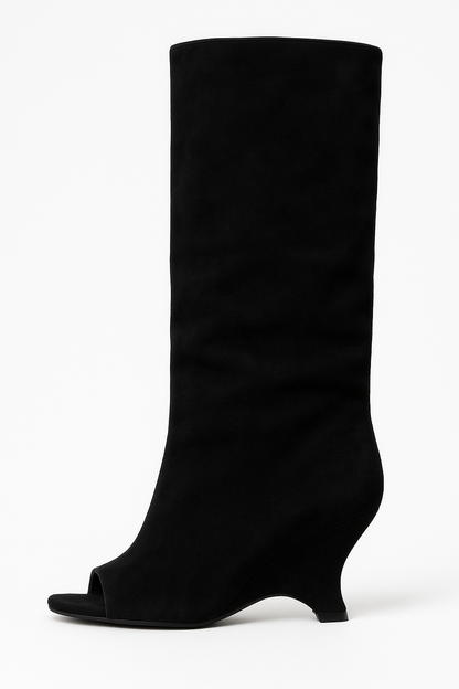 Knee High Peep Toe Wedge Heel Boots for Women | Sculpted Heel | Slouch Style | Steven & Levon