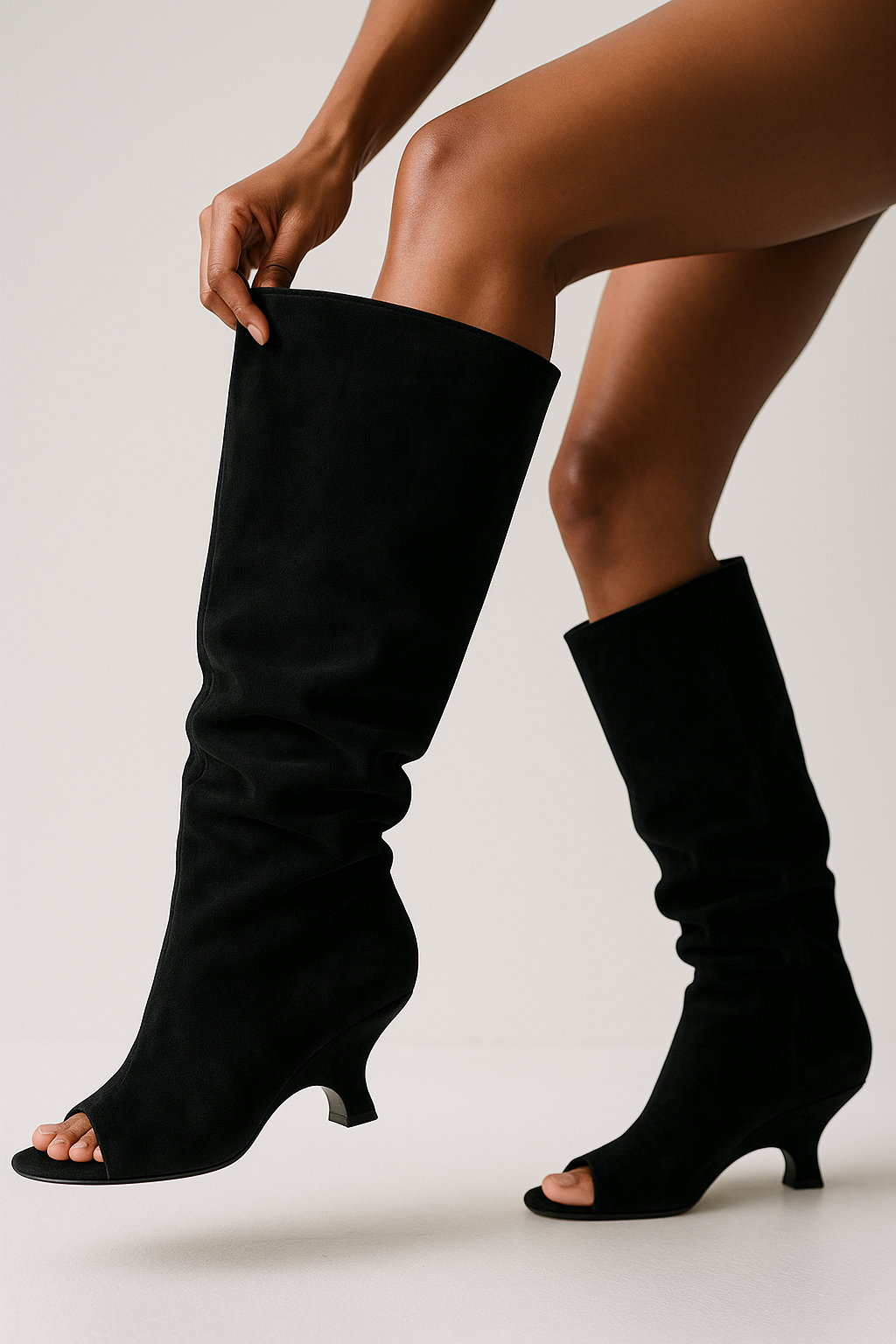 Knee High Peep Toe Wedge Heel Boots for Women | Sculpted Heel | Slouch Style | Steven & Levon