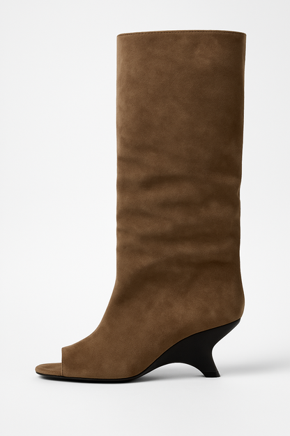 Knee High Peep Toe Wedge Heel Boots for Women | Sculpted Heel | Slouch Style | Steven & Levon