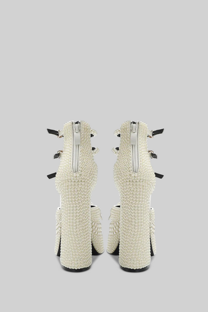 Pearl Embellished Platform Pumps | Women | Chunky Heel | White | Elegant Dress Shoes | Steven & Levon