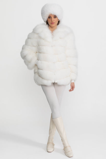 Tiered Fox Fur Jacket | Women's Luxury Fur Coat | Oversized Shawl Collar, White Statement Outerwear | Steven & Levon