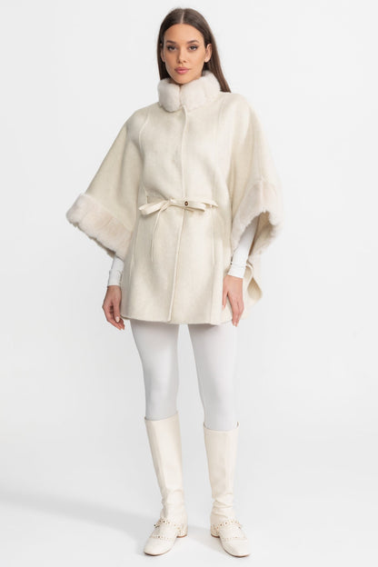 Wool Blend Cape Coat | Women's Cape Coat | Fur Trim, Ivoire Elegant Winter Outerwear | Steven & Levon