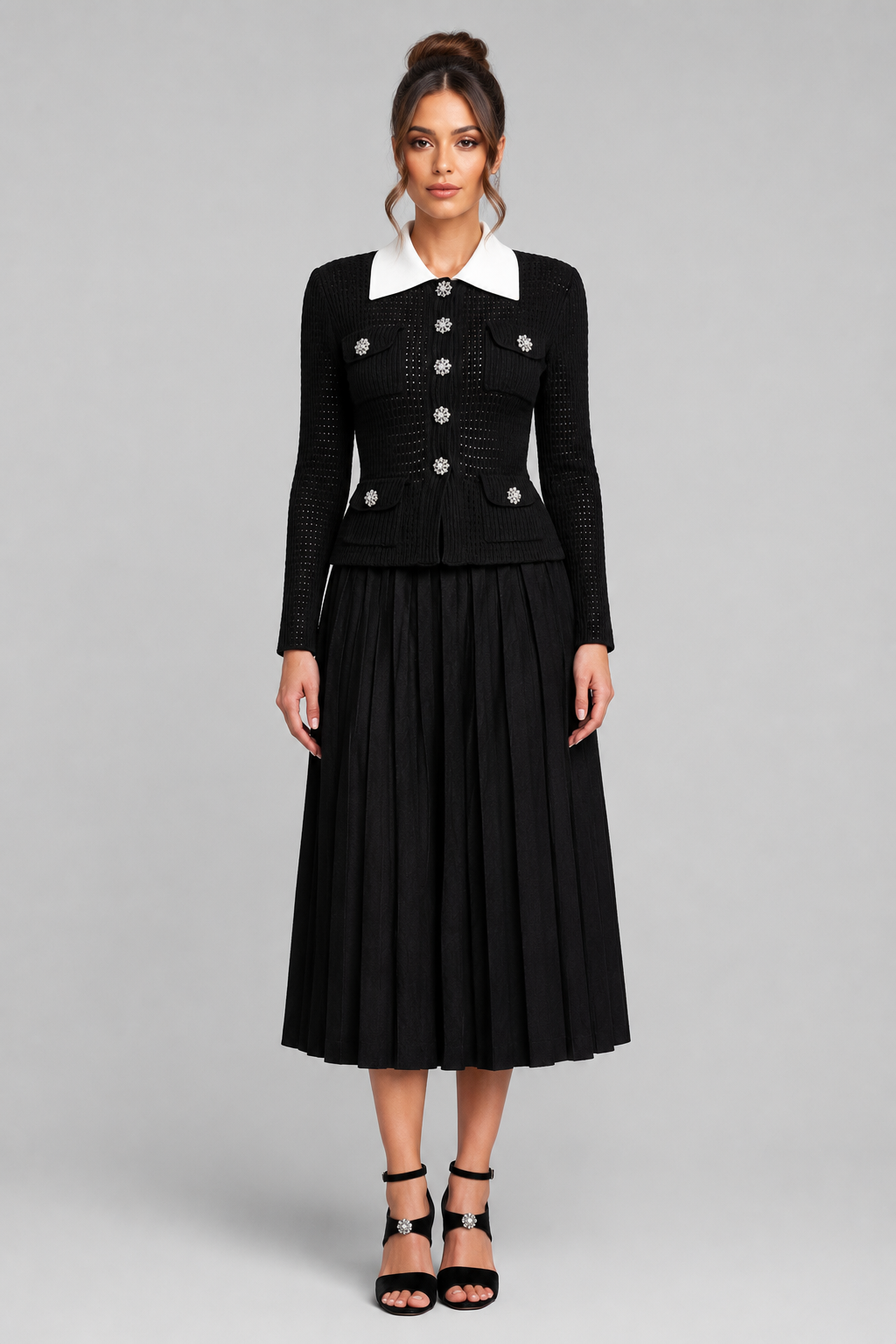 Open Knit Cardigan & Pleated Midi Skirt Co-Ord Set | Women | Black | Steven & Levon