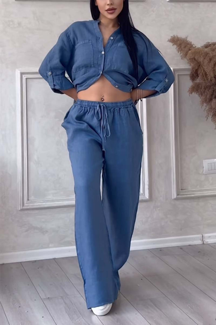 Women's Linen Blend Set | Long-Sleeve Shirt & Straight-Leg Trousers | Relaxed Fit | Steven & Levon