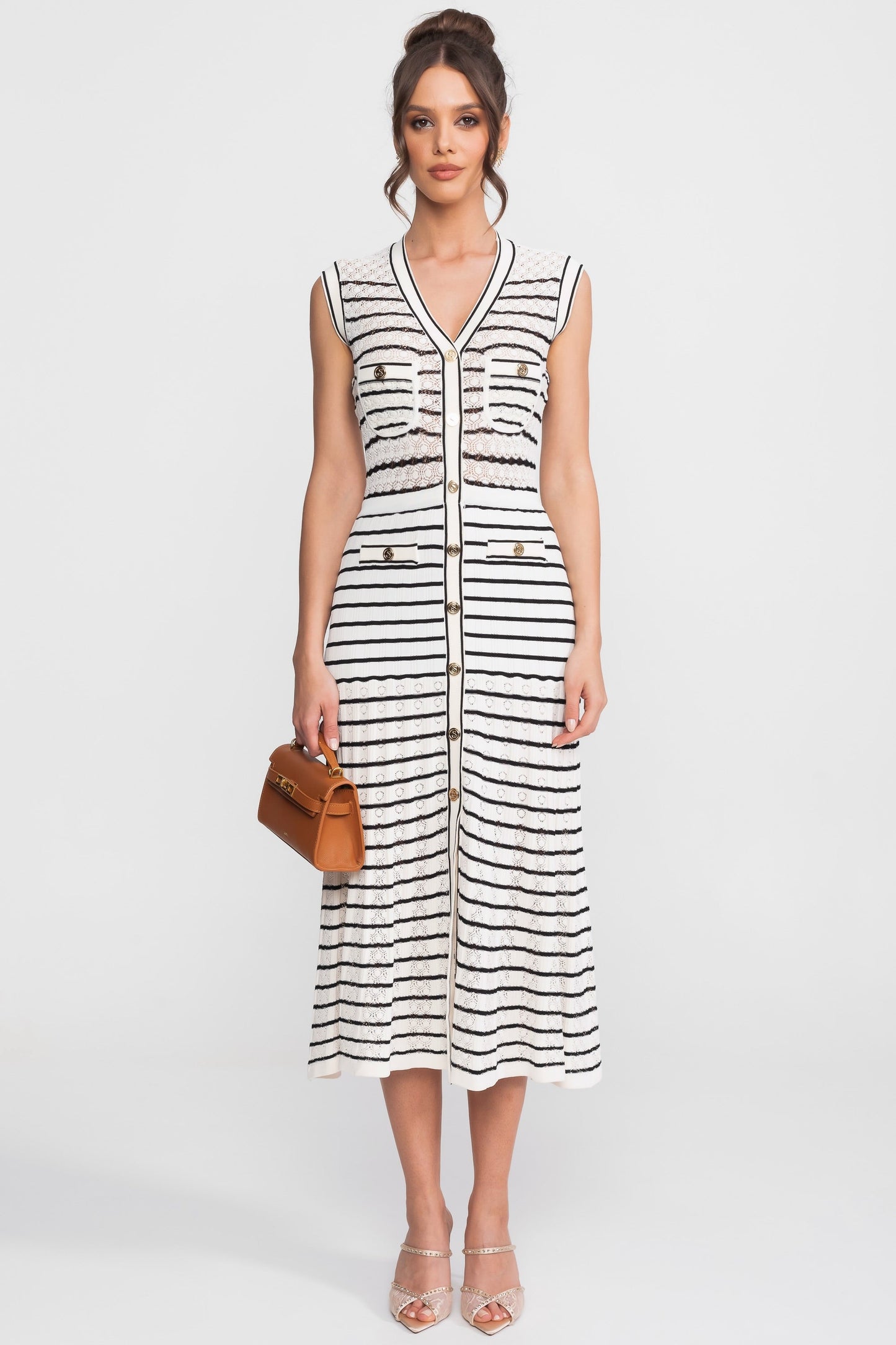 Striped Sleeveless Knit Midi Dress | Women | V-Neck | Gold Buttons | White & Black | Steven & Levon