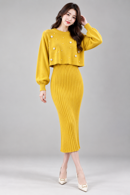 Women's Two-Piece Knit Dress Set | Fit | Long Sleeve | Ribbed Midi Dress | Blue | Steven & Levon