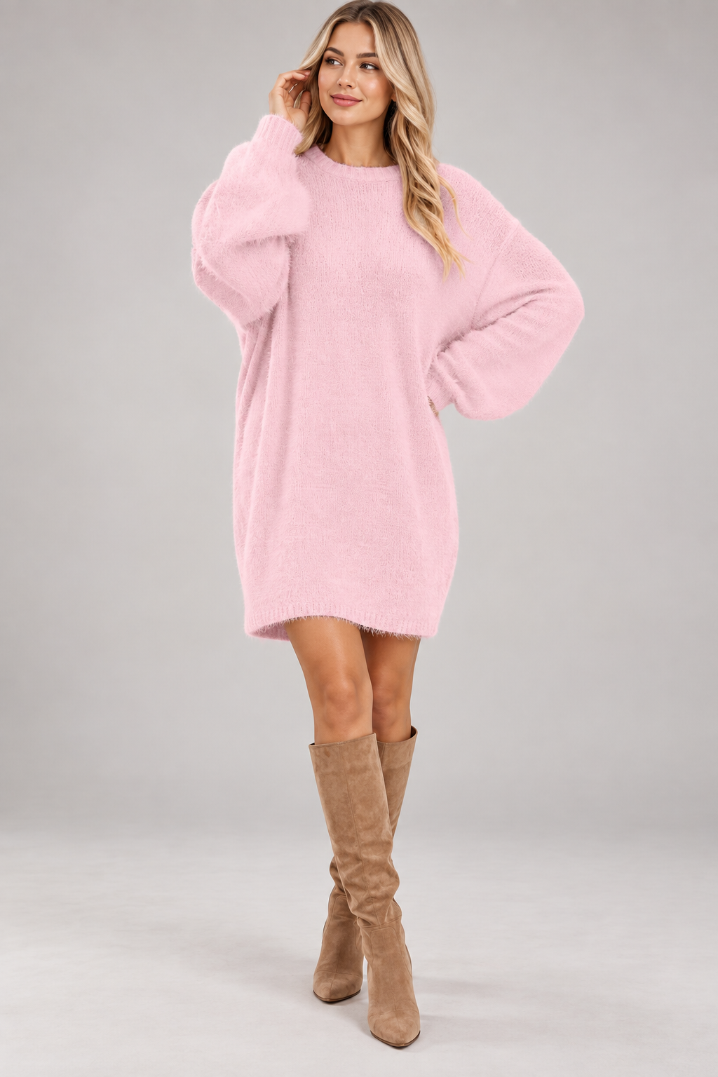 Women's Oversized Sweater Dress | Knit | Crewneck | Long Sleeve | Pink | Casual Winter | Steven & Levon