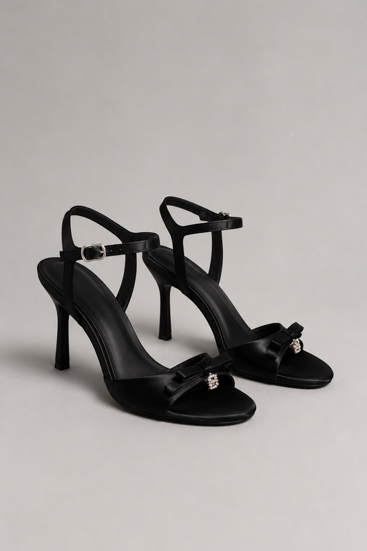 Elegant Satin High Heels | Women | Thin Straps | Bow Detail | Black | Evening Dress Shoes | Steven & Levon