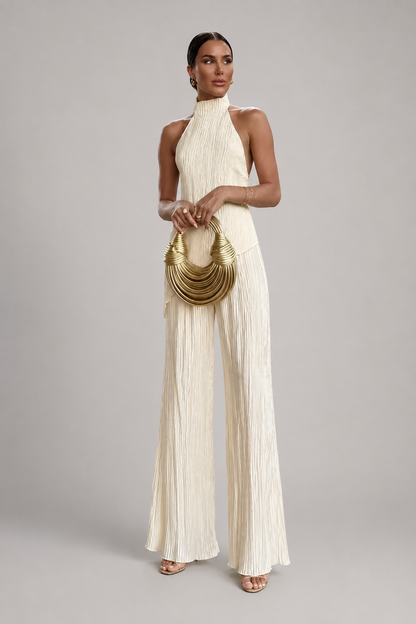 Women's Halter Backless Plissé Jumpsuit | Wide Leg | Elegant Fit | Steven & Levon