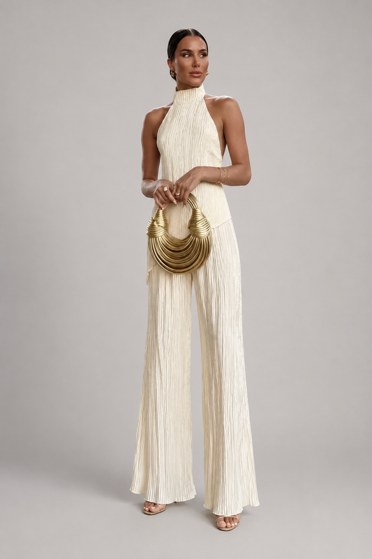 Women's Halter Backless Plissé Jumpsuit | Wide Leg | Elegant Fit | Steven & Levon