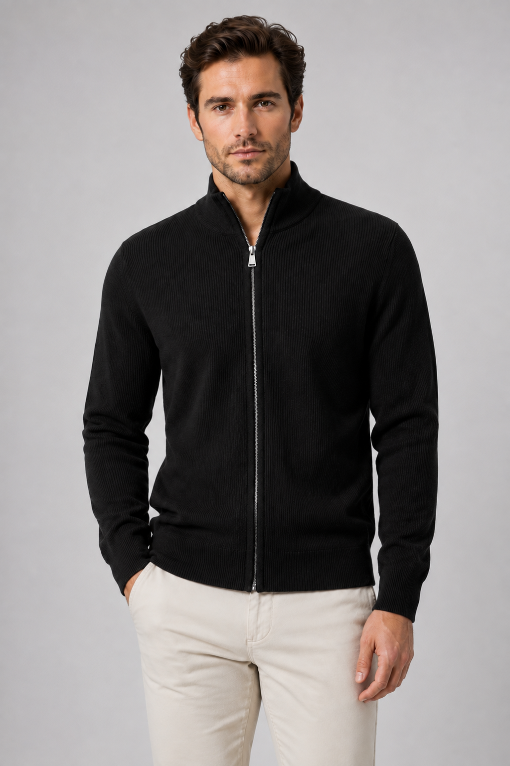 Men's Full Zip Knit Cardigan | Stand Collar | Soft Knit | Long Sleeve | Smart Casual | Steven & Levon