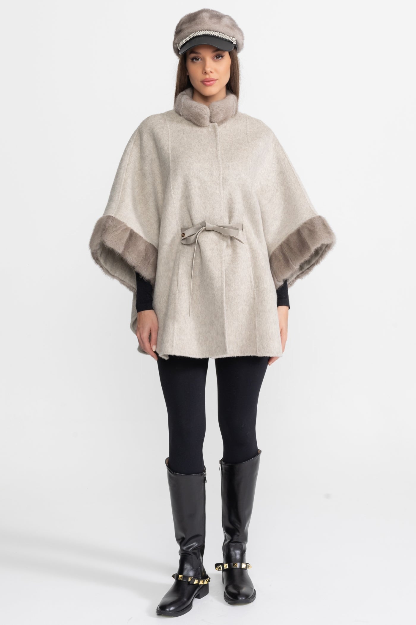 Wool Blend Cape Coat | Women's Cape Coat | Fur Trim, Light Grey Elegant Winter Outerwear | Steven & Levon