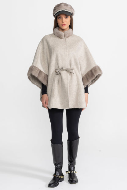 Wool Blend Cape Coat | Women's Cape Coat | Fur Trim, Light Grey Elegant Winter Outerwear | Steven & Levon