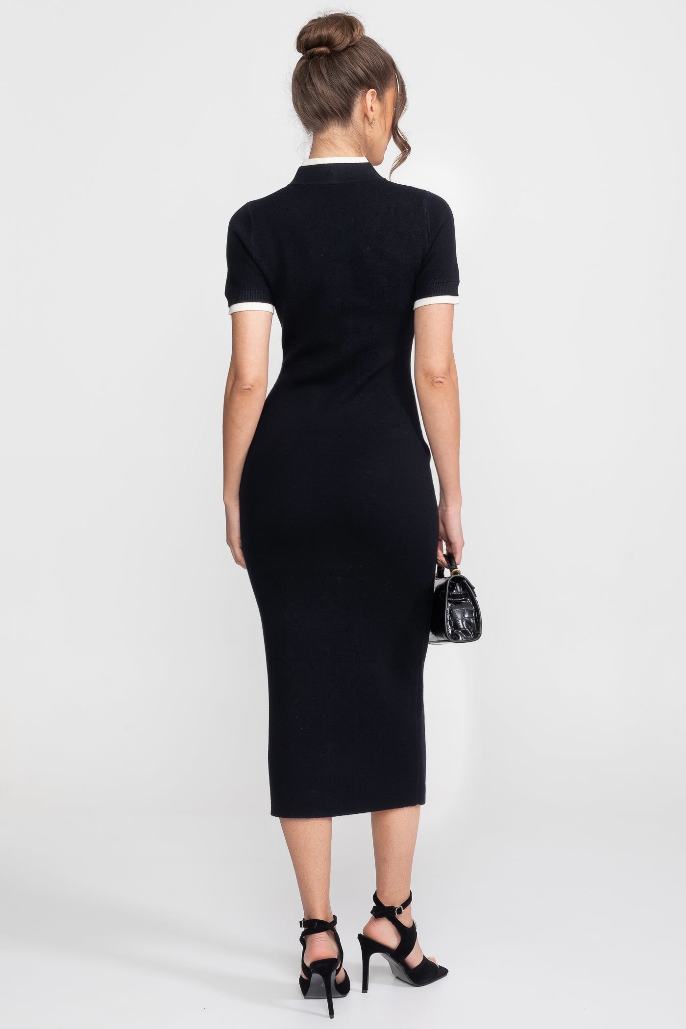 Ribbed Knit Midi Dress | Women | Contrast Trim | Decorative Pockets | Bodycon | Black | Steven & Levon