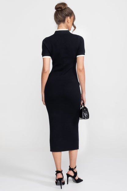 Ribbed Knit Midi Dress | Women | Contrast Trim | Decorative Pockets | Bodycon | Black | Steven & Levon