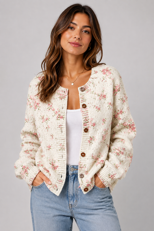 Pink Rose Knit Cardigan | Women | Floral Knit | Button Front | Soft Knit | Steven & Levon