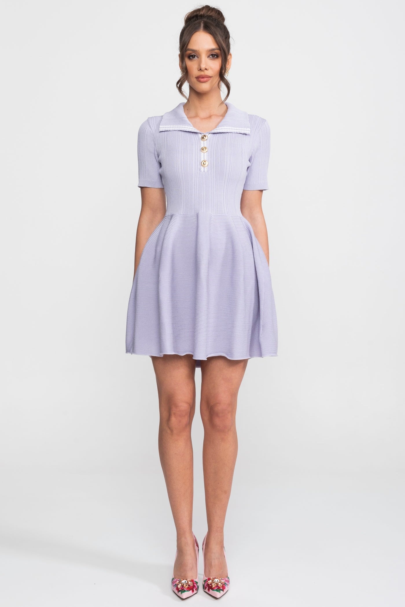Ribbed Knit Mini Dress | Women | Open Polo Collar | Jewel Buttons | Lilac | Steven & Levon