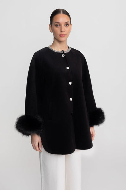 Women's Longline Jacket | Pearl Neckline | Fox Fur Cuffs | Black Winter Coat | Steven & Levon