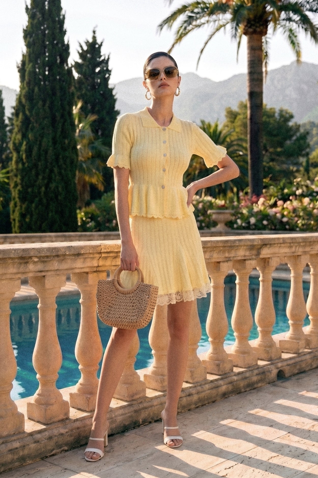Peter Pan Collar Knit Mini Dress | Women's Peplum Knit Dress | Lace Hem | Yellow | Steven & Levon