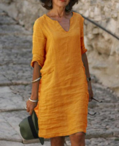 Aarnelle | Linen V Neck Dress | Women | Relaxed Fit | Lightweight Summer | Steven & Levon