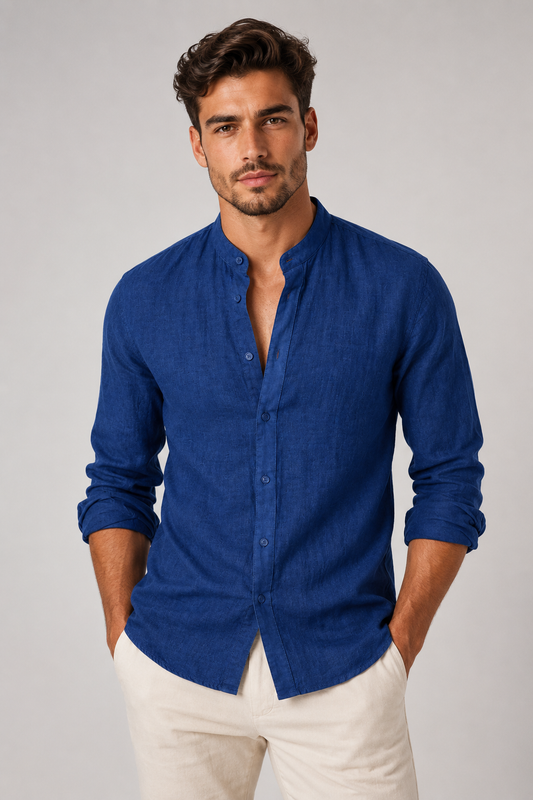Men's Linen Long Sleeve Shirt | Men | Lightweight Breathable Collarless Button-Up | Casual Relaxed Fit | Steven & Levon
