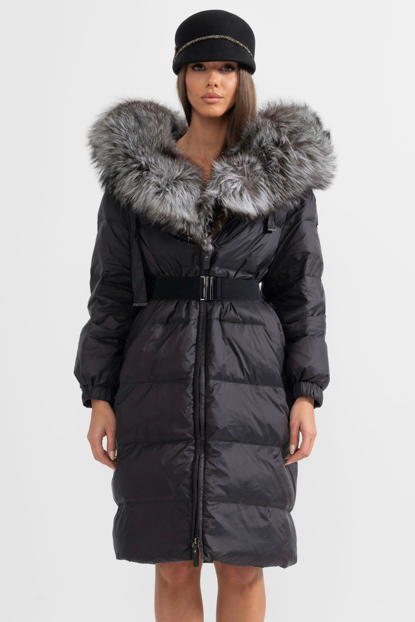 Long Puffer Jacket | Women's Quilted Puffer Coat | Grey Fur-Lined Hood, Black Insulated Winter Outerwear | Steven & Levon