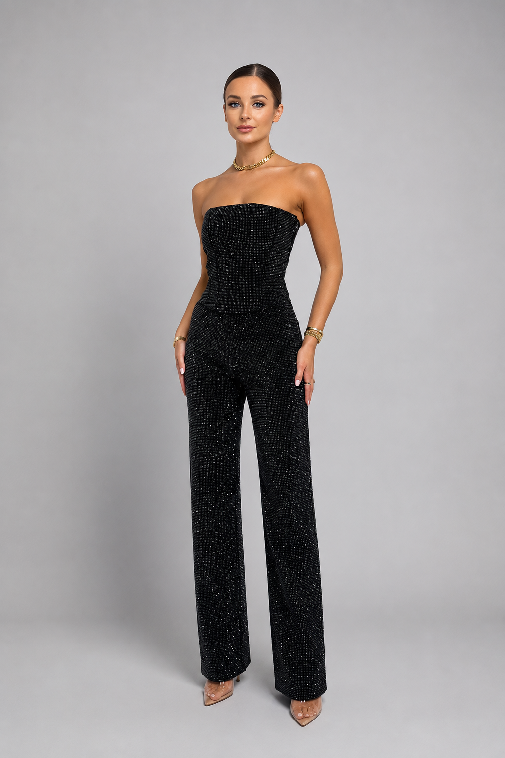 Glitter 2-Piece Jeans Set | Women | Denim | High-Waist Jeans | Sparkle Detail | Steven & Levon
