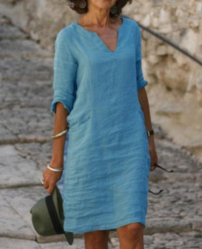 Aarnelle | Linen V Neck Dress | Women | Relaxed Fit | Lightweight Summer | Steven & Levon