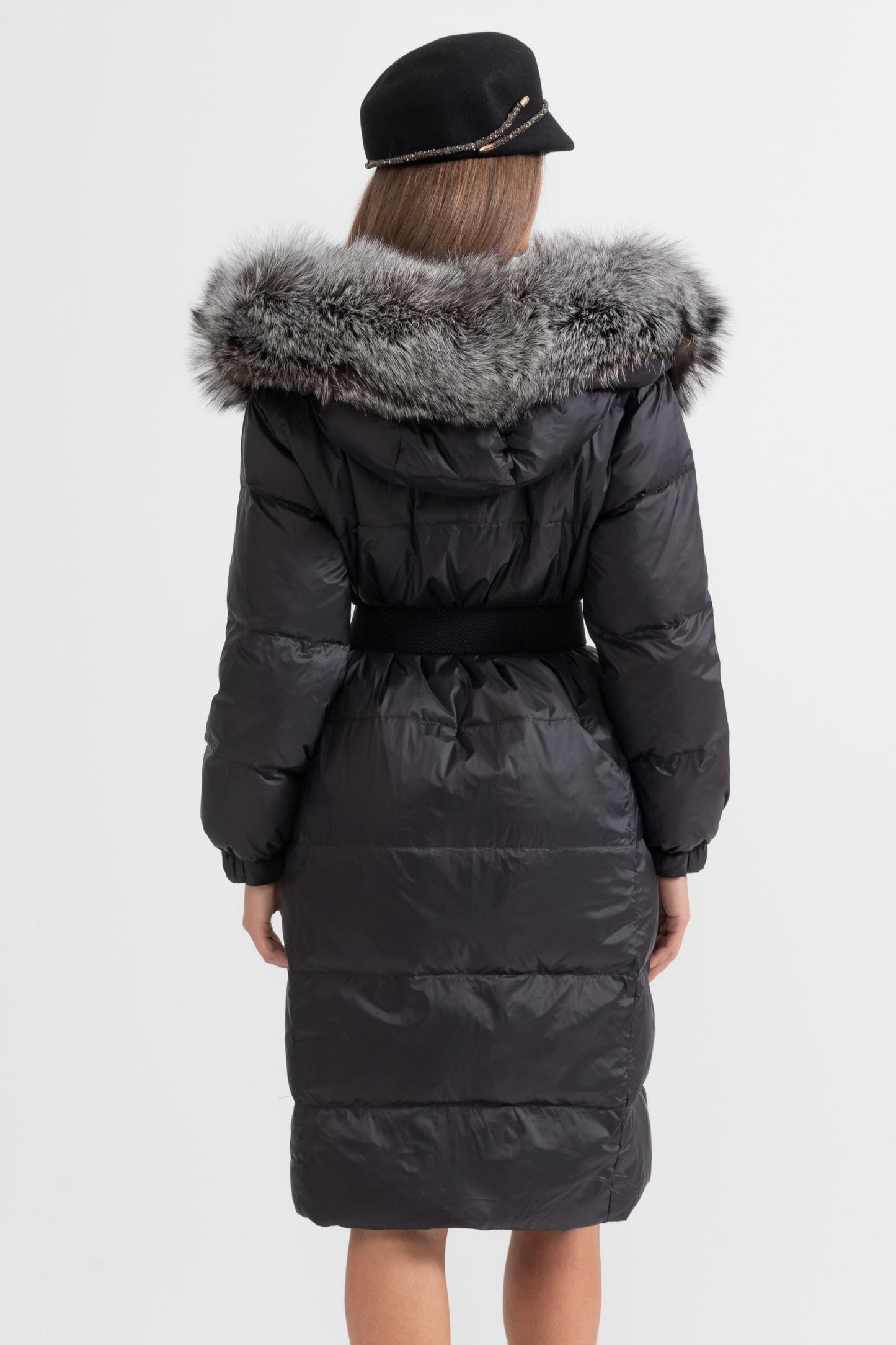 Long Puffer Jacket | Women's Quilted Puffer Coat | Grey Fur-Lined Hood, Black Insulated Winter Outerwear | Steven & Levon
