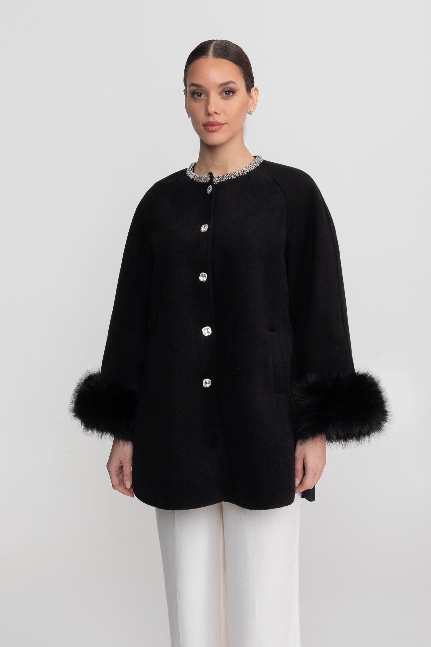 Women's Longline Jacket | Pearl Neckline | Fox Fur Cuffs | Black Winter Coat | Steven & Levon