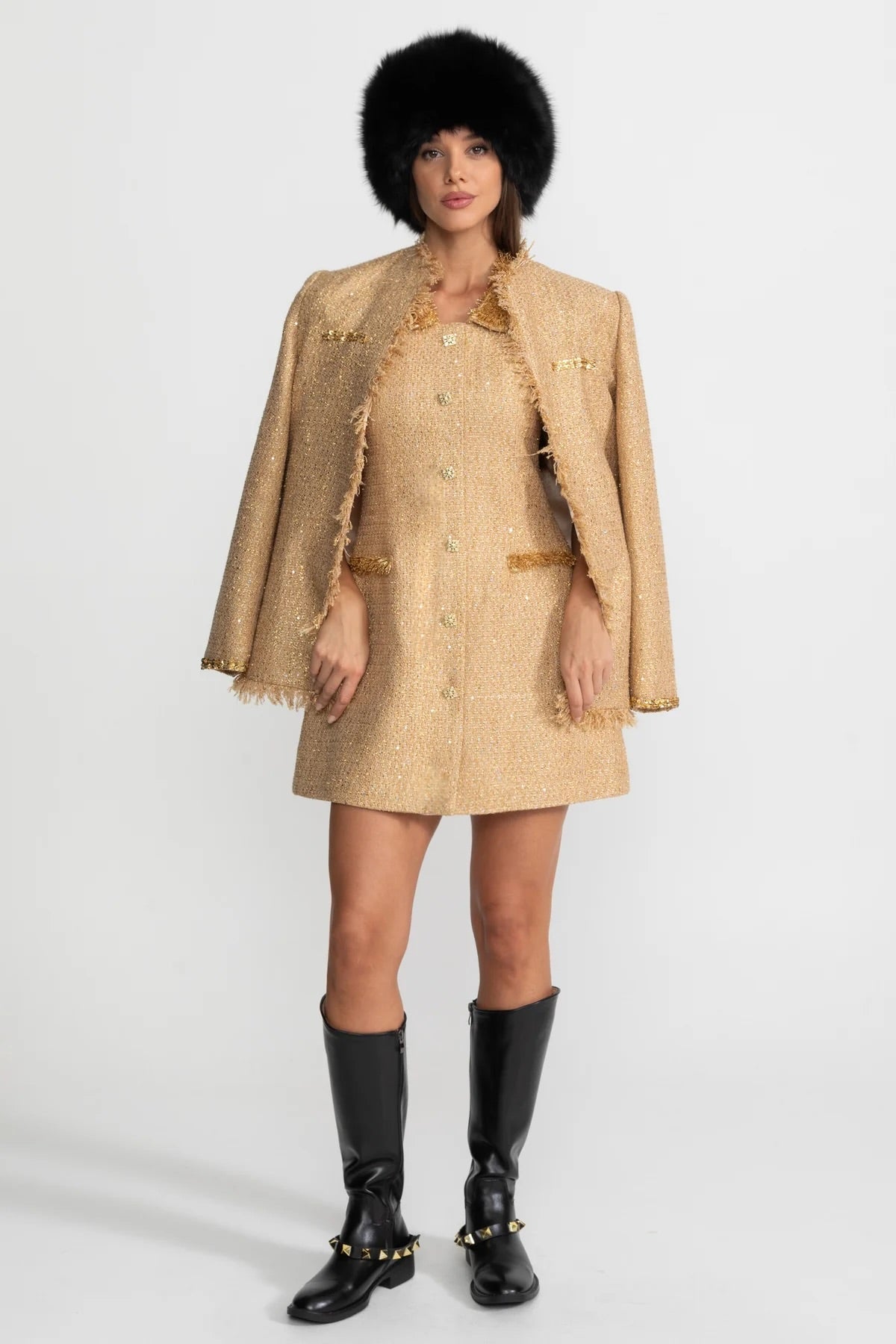 Women's Textured Tweed Overcoat | Sequin Embellishments, Fringe Trim | Gold Statement Coat | Steven & Levon