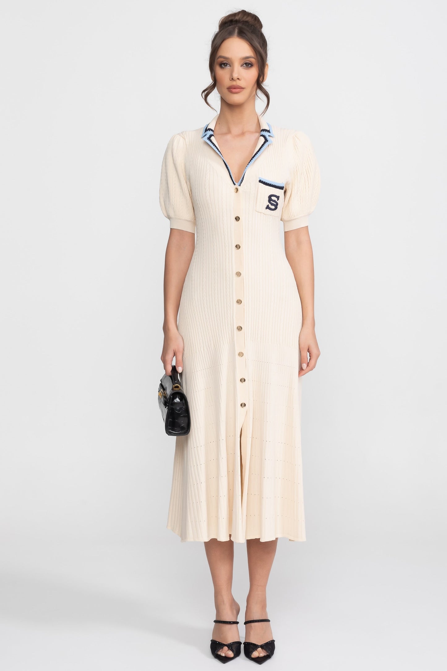 Polo Collar Knit Midi Dress | Women | Short Sleeve | Cream | Steven & Levon