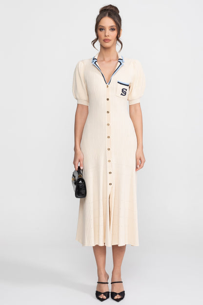 Polo Collar Knit Midi Dress | Women | Short Sleeve | Cream | Steven & Levon