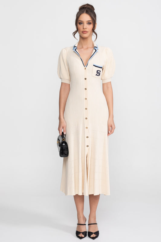 Polo Collar Knit Midi Dress | Women | Short Sleeve | Cream | Steven & Levon