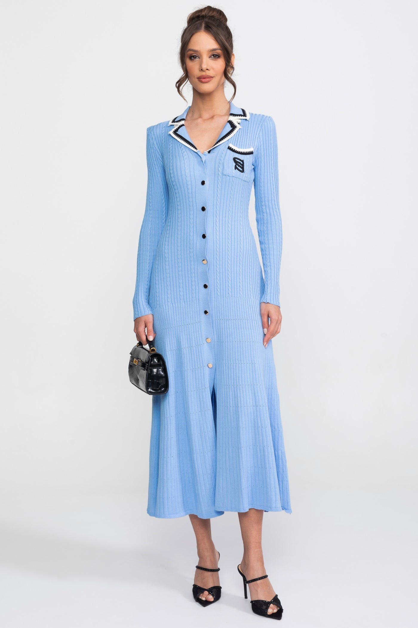 Polo Collar Knit Midi Dress | Women | Long Sleeve | Blue | Steven & Levon
