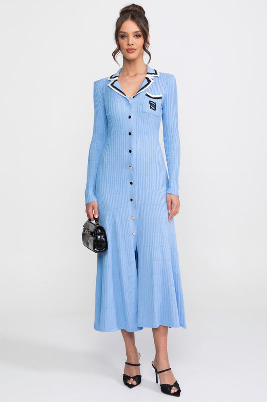Polo Collar Knit Midi Dress | Women | Long Sleeve | Blue | Steven & Levon