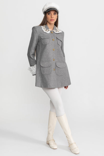 Mini Coat | Women's Wool Blend Coat | Pearl Embellished Lace Collar, Grey Cropped Outerwear | Steven & Levon