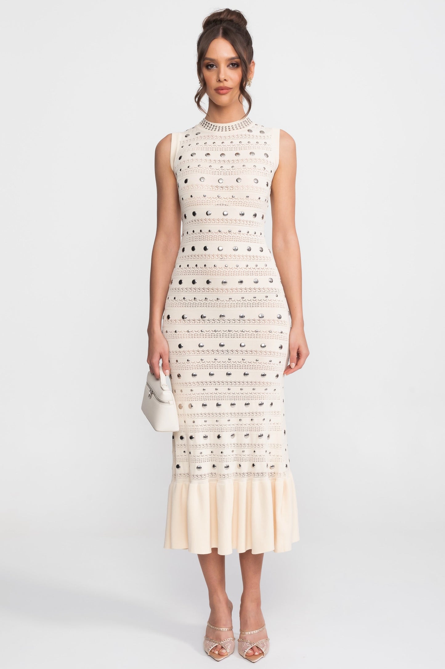 Embellished Knit Midi Dress | Women's High Neck Knit Dress | Ruffle Hem | Crystal Embellishments | Cream | Steven & Levon
