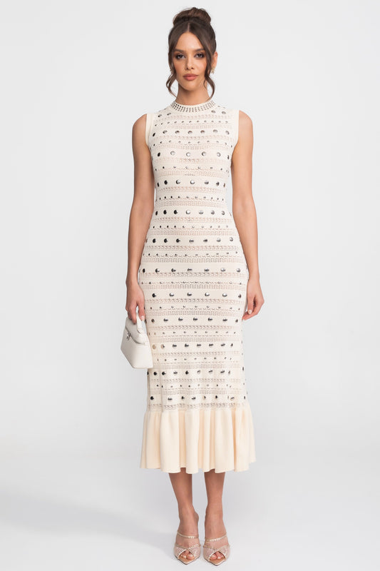 Embellished Knit Midi Dress | Women's High Neck Knit Dress | Ruffle Hem | Crystal Embellishments | Cream | Steven & Levon