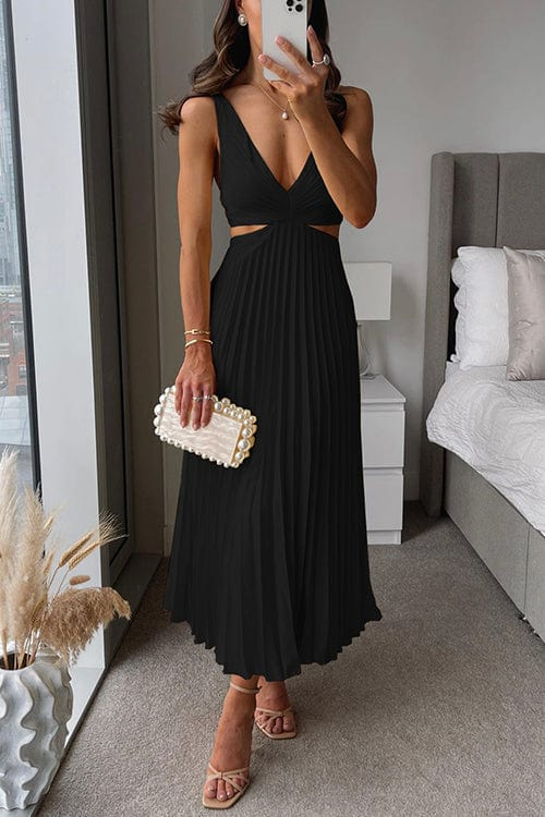 Women's Pleated V-Neck Midi Dress | Elegant Occasion Dress | Steven & Levon