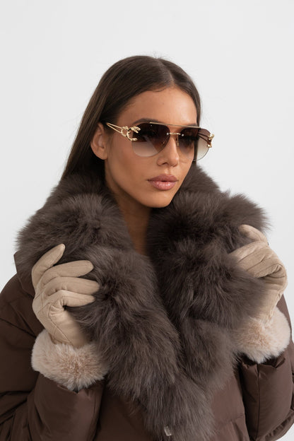 Women's Puffer Jacket | Duck Down | Real Fox Fur Hood | Brown Winter Coat | Steven & Levon