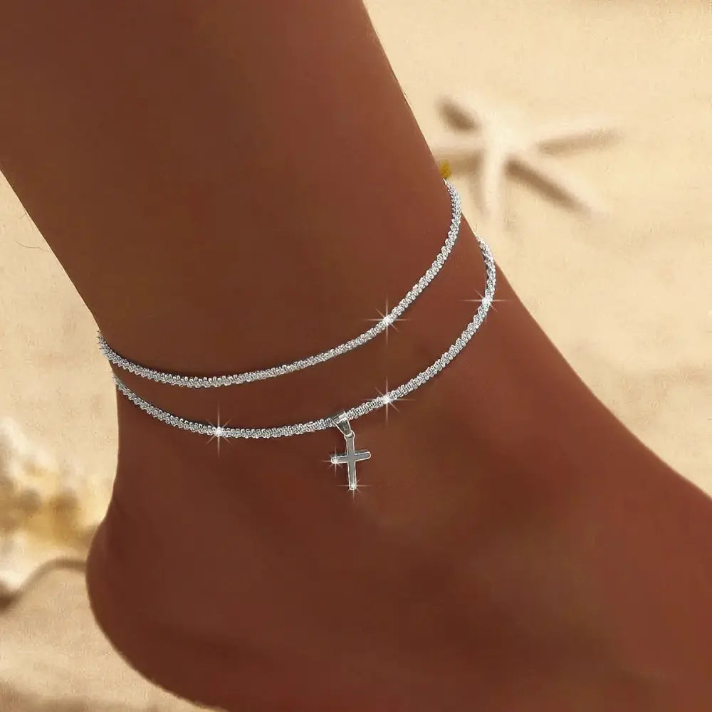 Double Anklet | Women | Silver & Gold Tone | Layered Chain Design | Adjustable Ankle Bracelet | Steven & Levon