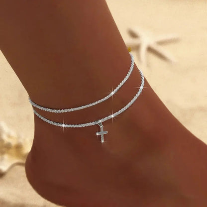 Double Anklet | Women | Silver & Gold Tone | Layered Chain Design | Adjustable Ankle Bracelet | Steven & Levon