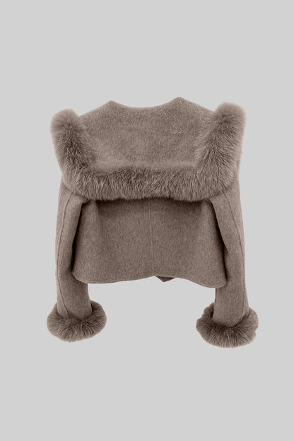 Women's Double Breasted Cropped Jacket | Fox Fur Collar | Brown Wool Blend Coat | Steven & Levon